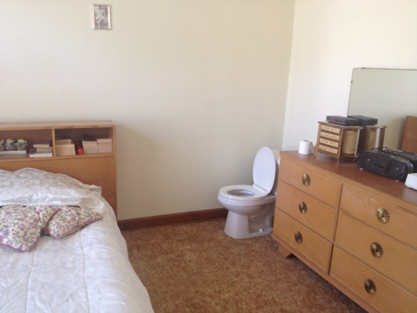 Great spot for a crapper. Bonus points for convenience. Negative points for resting the TP on the dresser. No sink by the way, hope they sprung for the 3-ply just in case.