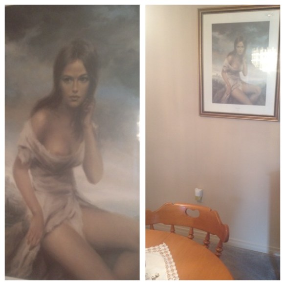 Back before we got so sensitive about things like nipples, we'd just hang up pictures of half-nude girls in the dining room. I'm sure it reached a point where the Mrs. was wondering why eyes kept going past her at dinner. Positive note: She seems to be weathering that storm pretty well.